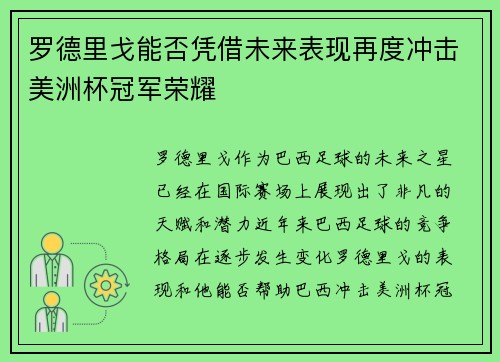 罗德里戈能否凭借未来表现再度冲击美洲杯冠军荣耀